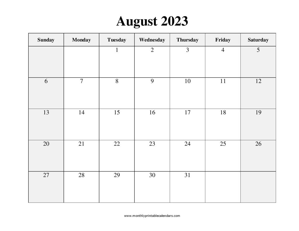 August 2023 Calendar Printable Templates