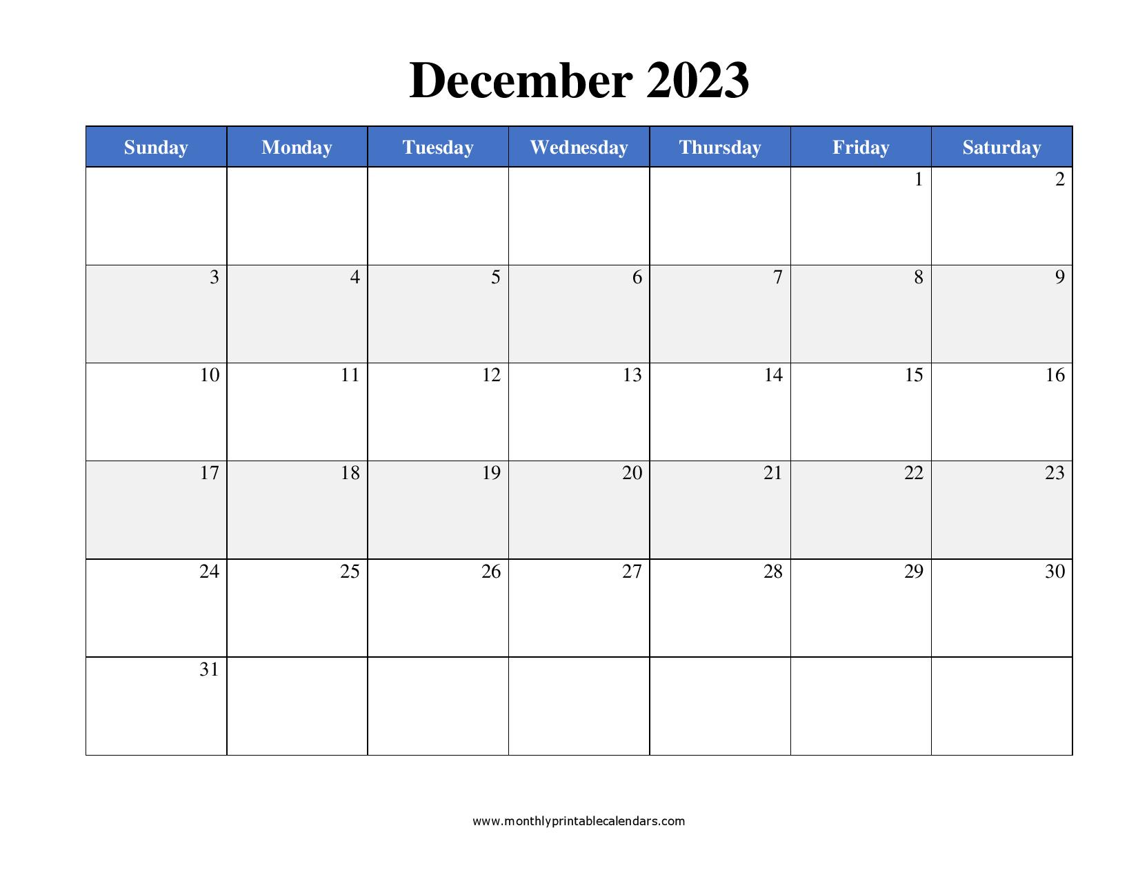 December 2023 Calendar Printable Templates