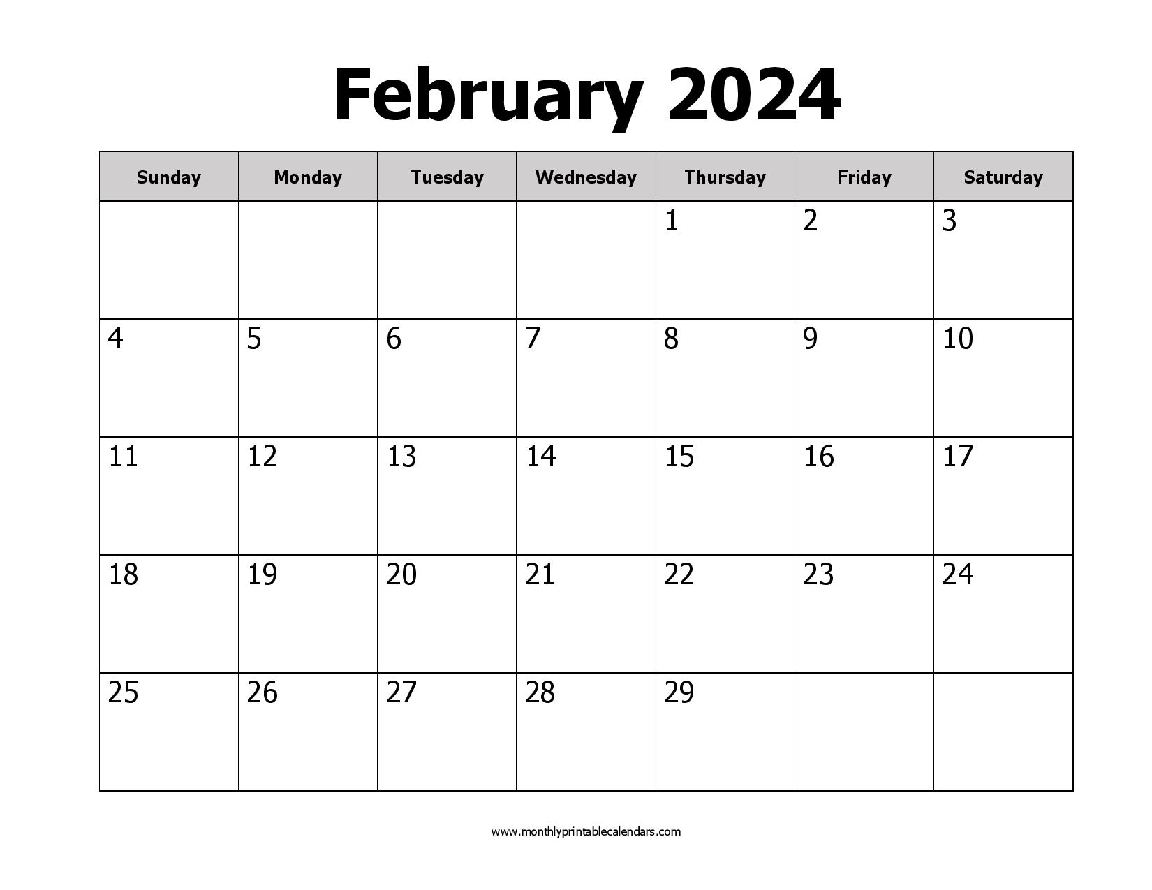 Printable February 2024 Calendar Template PDF