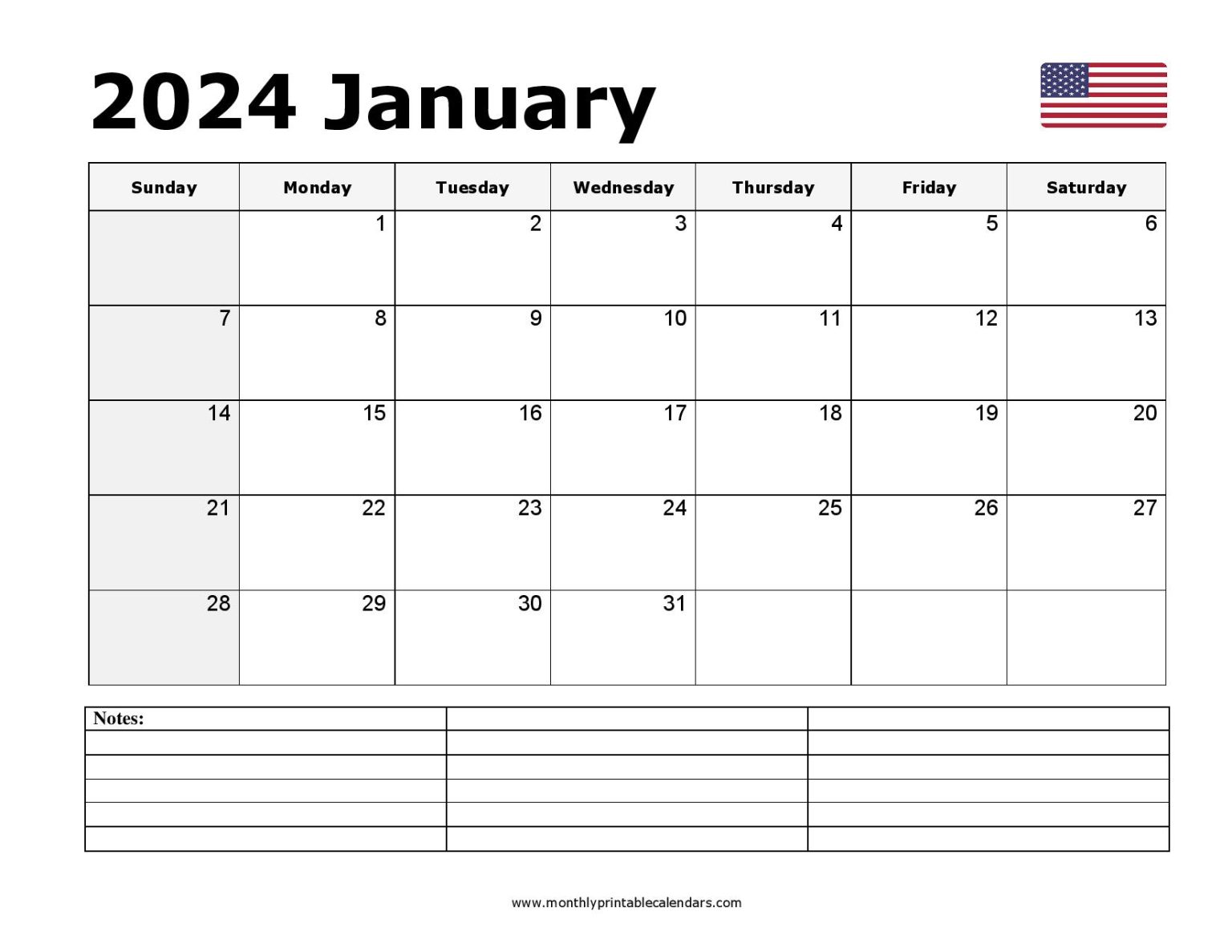 Printable January 2024 Calendar Free Template PDF