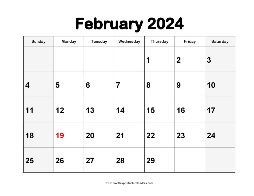 Printable February 2024 Calendar Template PDF