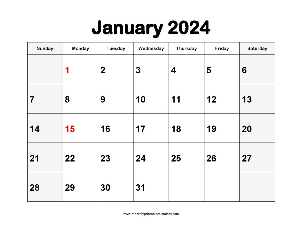 Printable January 2024 Calendar Free Template PDF
