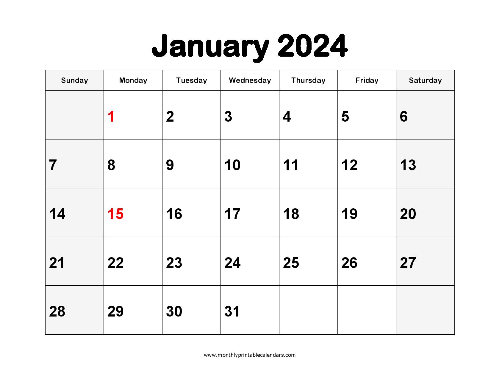 Printable January 2024 Calendar Free Template PDF