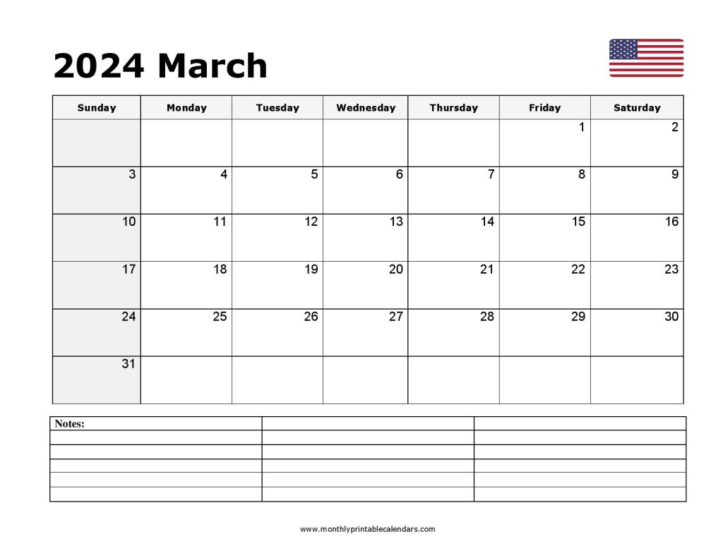 Printable March 2024 Calendar Template PDF