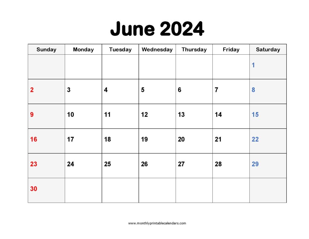 Printable June 2024 Calendar Template Monthly PDF