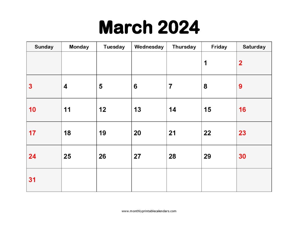 Printable March 2024 Calendar Template PDF