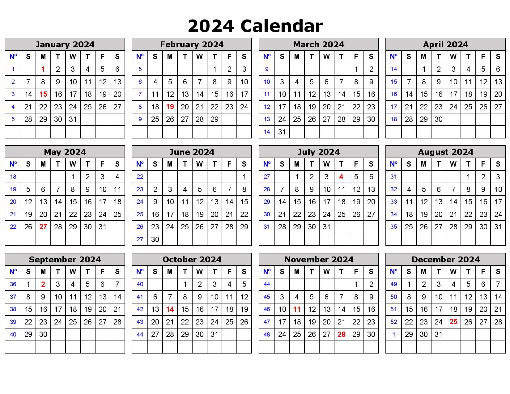 printable yearly 2024 calendar