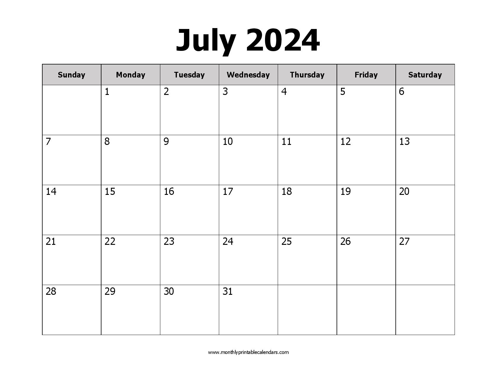 Printable July 2024 Calendar Template Monthly PDF